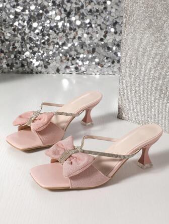 Women's New Square Toe Strap Rhinestone Bowknot Elegant High-Heel Sandals