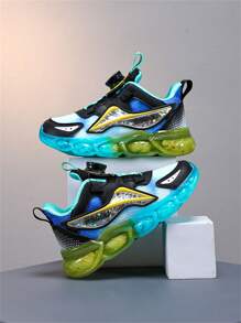 1 双男女通用儿童双网拼接柔软、轻便、旋转按钮拼色、跑步透气、透明果冻鞋底、渐变休闲日常运动鞋