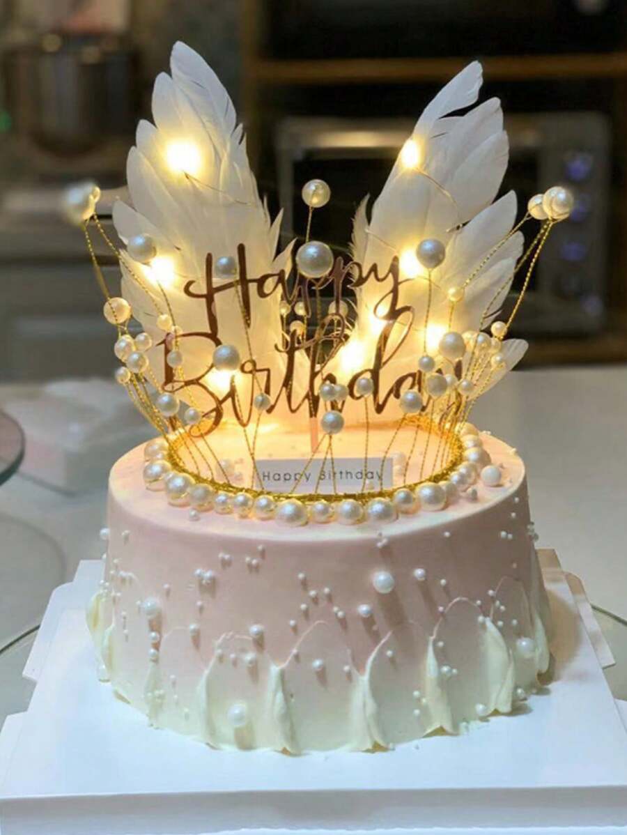 3 件套蛋糕装饰公主主题皇冠羽毛生日蛋糕装饰品、节日和婚礼派对用品。 - 彩色 - 查看 1