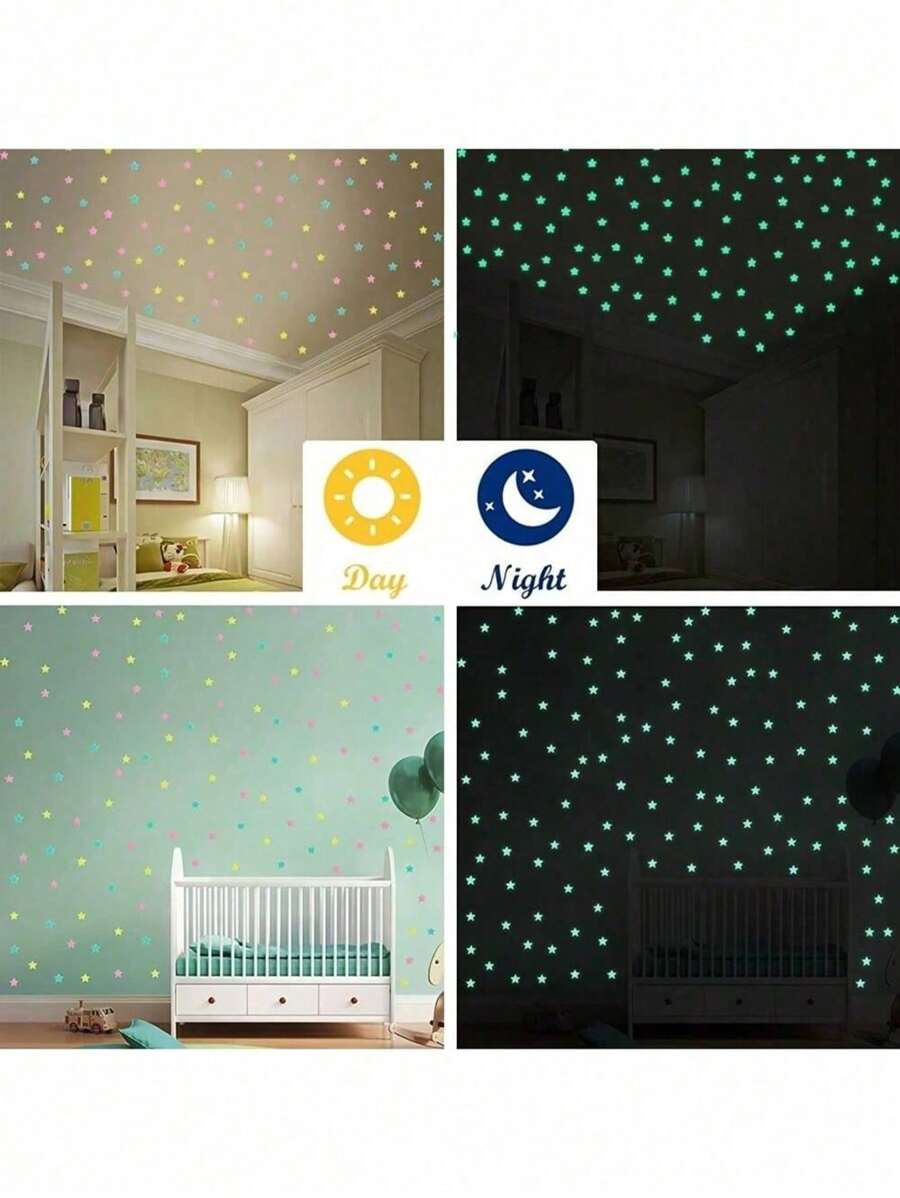 100pcs Luminous Star Stickers, Glow In The Dark Wall Decor For Bedroom And Living Room, 3D Fluorescent Star Wall Decals - Multicolor - View 1
