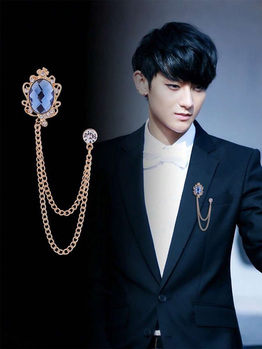 1pc Men's Suit Brooch With Tassel, Rhinestone Lapel Pin, Nightclub Accessories - Multicolor - View 1