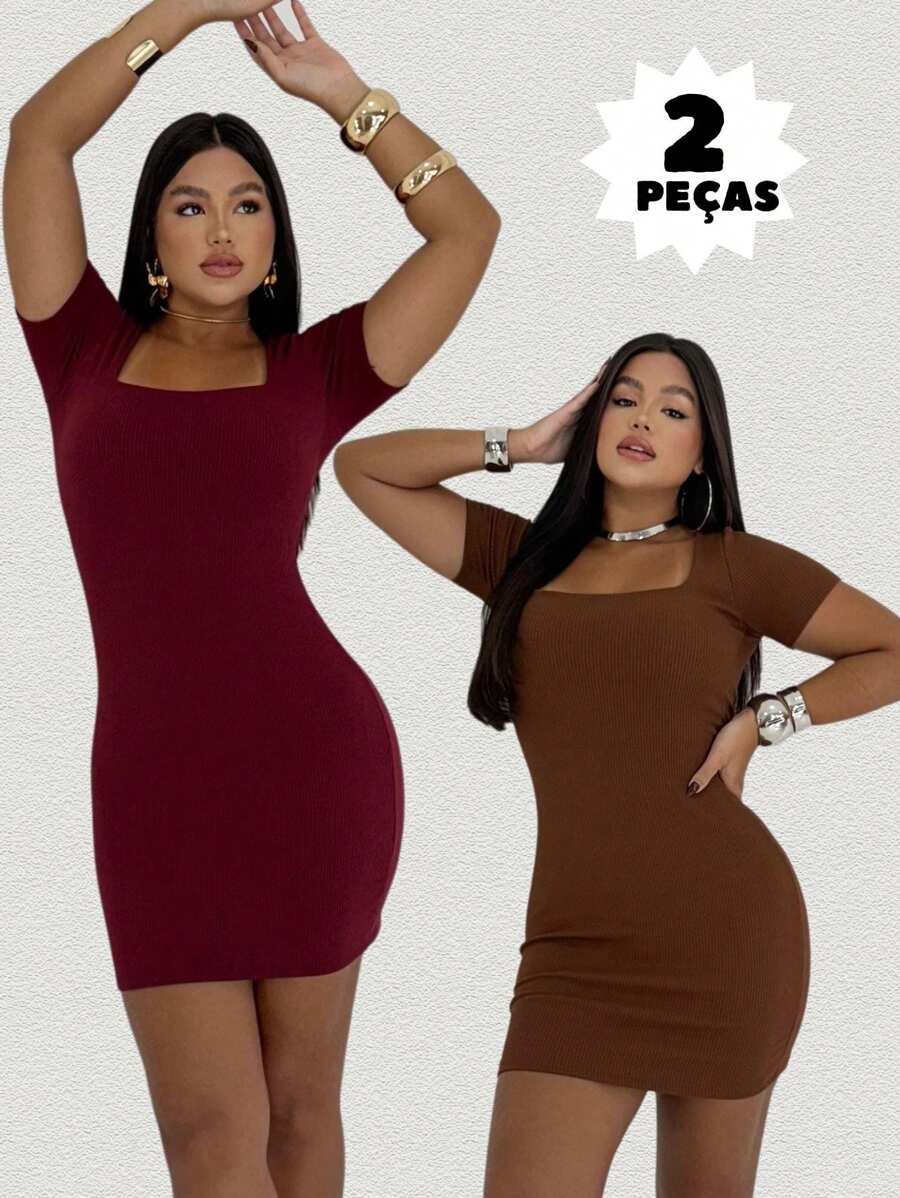 Women's Short Dress Kit With 2 Basic Casual Tube Short Sleeve Comfortable - Brown and Marsala - View 1