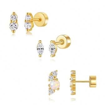 2/6Pcs 20G 18K Golden Plated Tiny Cubic Zerconia Opal Flat Back Stud Earrings For Women,Hypoallergenic Screw Back Cartilage Tragus Helix Ear Piercing Jewelry Suitable For Daily Gatherings To Wear