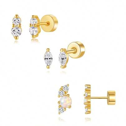 2/6Pcs 20G 18K Golden Plated Tiny Cubic Zerconia Opal Flat Back Stud Earrings For Women,Hypoallergenic Screw Back Cartilage Tragus Helix Ear Piercing Jewelry Suitable For Daily Gatherings To Wear