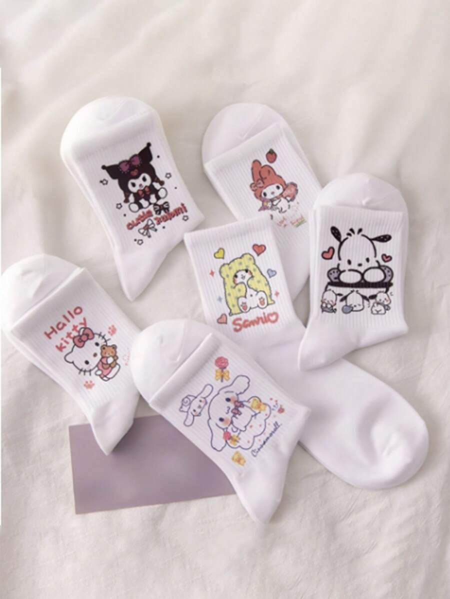 6 paires de chaussettes mignonnes de dessin animé Sanrio, style girly