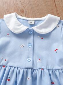 年轻女孩全身印花翻领休闲短袖 Polo 衫连衣裙，夏季 - 藍色 - 查看 5