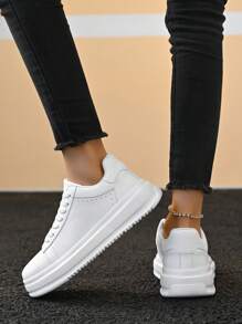 女士新款简约白色拼接个性前系带休闲运动鞋，百搭轻便户外徒步日常休闲学生跑步运动鞋 - 白色 - 查看 10