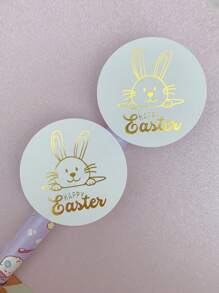 100pcs Round Happy Easter Stickers, 4X4CM Gold Label, Easter Gift Packaging Decoration Stickers