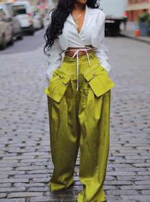 女装春夏新款时尚女士休闲裤可拆卸立体口袋阔腿裤，演唱会女装，狂欢节女装，女士街头服饰 - 綠色 - 查看 3