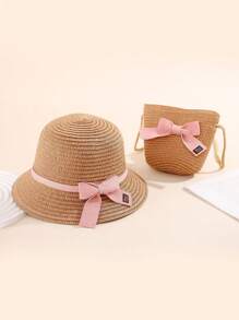 Set de 2 piezas: Sombrero de paja ligero y transpirable para bebé con lazo y bolso bandolera, protección UV para playa, vacaciones y uso diario - 2PS - Ver 6