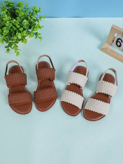 1 Pair Brown Plus Size Infant & Toddler Girls Flat Sandals, Solid Color Fabric, Double Straps, Hook And Loop Backstrap, Round Toe, Open Toe, Non-Slip, Comfortable, Fashionable & Luxury Roman Design Sandals, Suitable For 3-15 Years Old Boys & Girls, Casual, School, Party, Vacation, Spring/Summer 2025 New Arrival