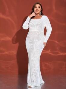 Plus Size White Square Neckline Long Sleeve Sequin Long Formal Gown (Front And Back Prints Randomly Assorted), Party Dress, Wedding Guest Dress, Evening Dress