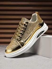 Men's Gold Casual Thick-Sole Fashion Skateboard Shoes, All Season, Student Style - Gold - View 3