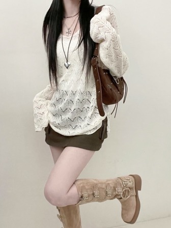 V-Neck Hollow Out Knit Sweater Loose Casual Lightweight Long Sleeve T-Shirt