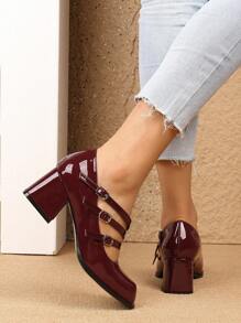 Vintage French Style Mary Jane Pumps For Women, New Spring High Heels, Korean Princess Solid Color Square Toe Thick Heel Dress Shoes