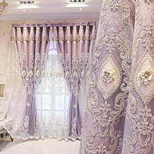 1 Piece Of European-Style Blackout Double-Layer Curtain, 3D Relief Embroidered Flower Yarn, Suitable For Bedrooms, Living Rooms And Other Room Types, Top Hole Ring Processing - Màu tím - Xem 1