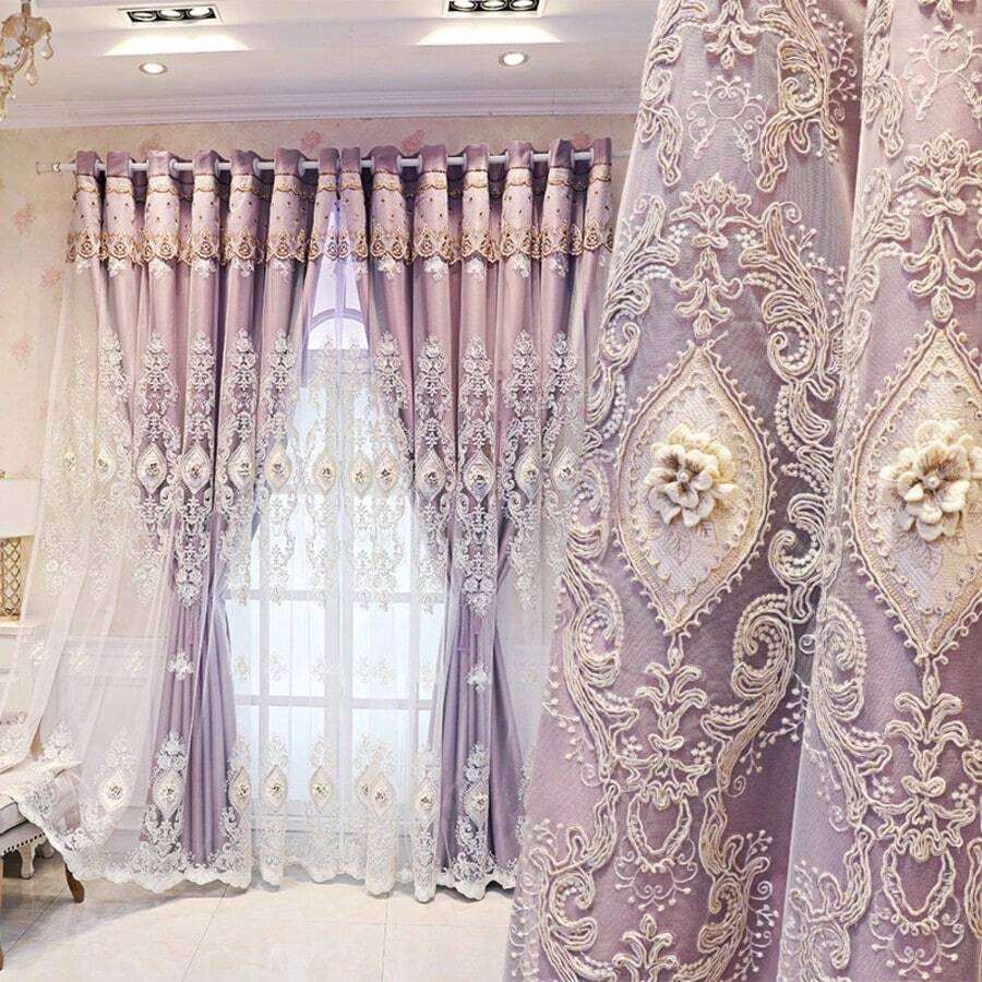 1 Piece Of European-Style Blackout Double-Layer Curtain, 3D Relief Embroidered Flower Yarn, Suitable For Bedrooms, Living Rooms And Other Room Types, Top Hole Ring Processing - Màu tím - Xem 1
