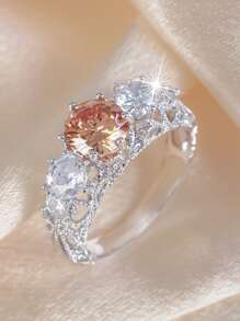 1pc Luxury Sparkly Floral Pattern Classic 6-Prong 7-Color Zirconia Round Ring, For Women, Suitable For Valentine's Day, Dating, Engagement, Wedding, Daily Wear, Party,Mom,Mother,Mother's Day,Gift