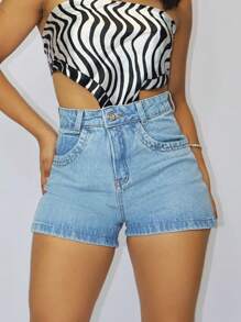 Women Denim Shorts - 中等水洗藍 - 查看 4