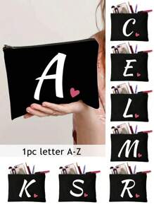Initials Printed Patchwork Makeup Bag, Black Small Bag, Letters A-Z,Cosmetic Bag,Portable Wash Bag Make Up Bag - Black - View 1
