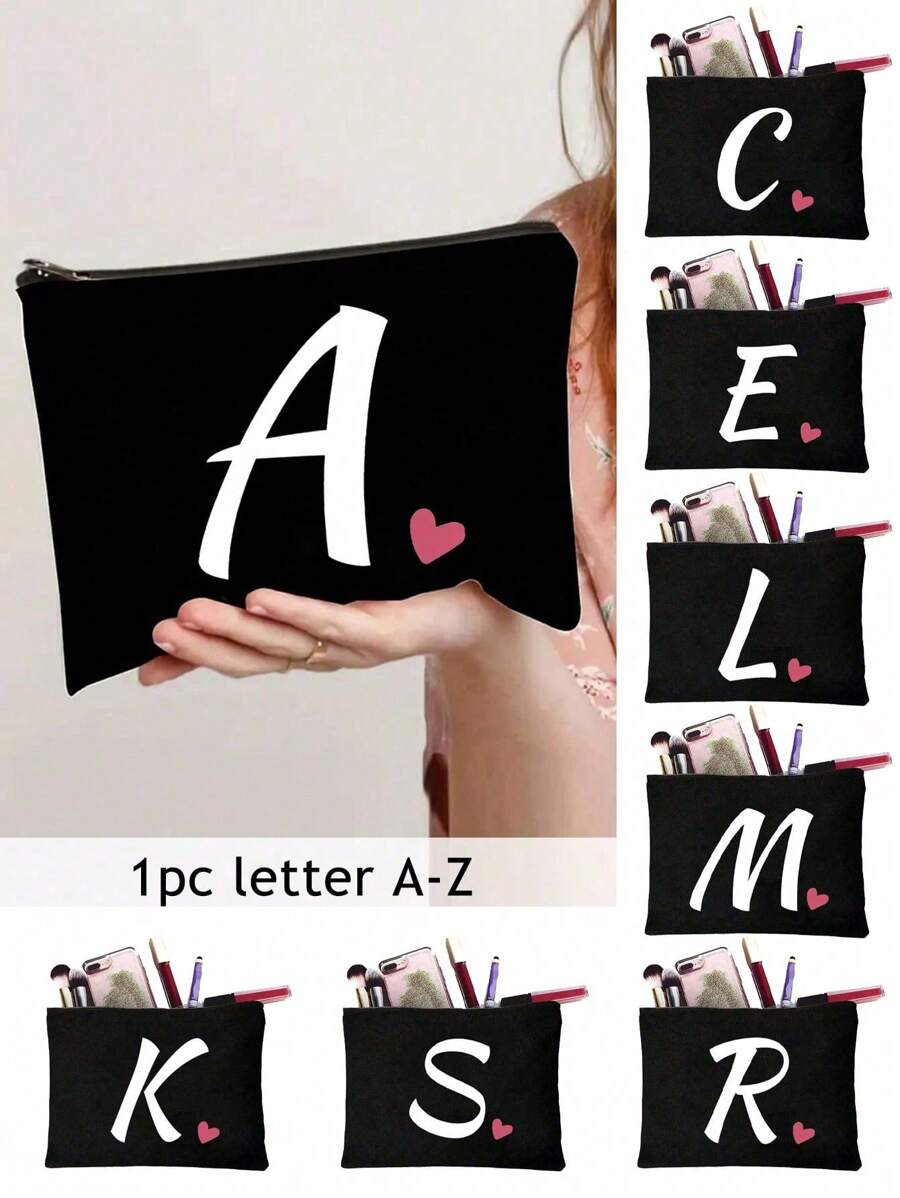 Initials Printed Patchwork Makeup Bag, Black Small Bag, Letters A-Z,Cosmetic Bag,Portable Wash Bag Make Up Bag - Black - View 1