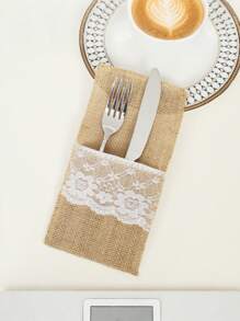 5pcs/15pcs Linen Cutlery Bag, 8.6*4.3in, Beige Coarse Burlap, Lace Silverware Holder, Flax Knife And Fork Cutlery Bag, Suitable For Vintage Country Wedding Party,Christmas