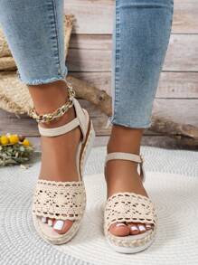 2025 New Lace Patchwork Rope Weaving Hollow Buckle Design Casual Commute Sweet Versatile Style Summer Plus Size Thick Bottom Faux Wood Grain Wedge Sandals For Women