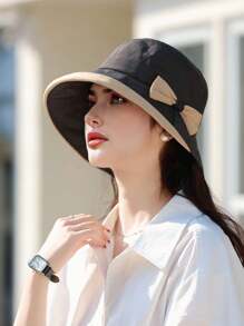 1 pieza Sombrero de cubo de mujer para primavera y verano, diseño elegante y versátil con lazo, protección solar de ala ancha, apto para salir, ir de compras, viajar