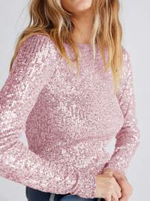 Women Long Sleeve Tops Sequins Basic Shirt Casual Pullover For Fall Club Streetwear Aesthetic Clothes - Hồng - Xem 1