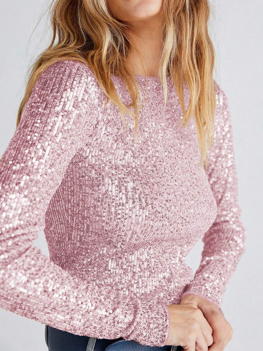 Women Long Sleeve Tops Sequins Basic Shirt Casual Pullover For Fall Club Streetwear Aesthetic Clothes - Hồng - Xem 1
