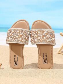 Summer Kids' Fashion Slide Sandals, Girls' Pearl Decor Princess Shoes, Flat Casual Beach Slippers, Suitable For Everyday Outing And Outdoor Vacation
