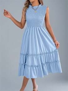 Summer Smocked Waist Dress Sleeveless Round Neck Ruffle Trim Flounce Hem Solid Color Beach Cover Up Resort Midi Vacation Essential Womens Light Blue Sundress - Màu xanh nhạt - Xem 4