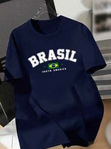 Men's And Women's Printed Shirt, Brazil Logo, 100% Cotton, Summer Fashion. - Màu xanh hải quân - Xem 1