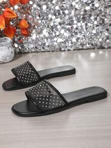Plus Size Women's Flat French Style Rhinestone Decor Square Toe Slip-On Sandals, Summer - Black - View 5