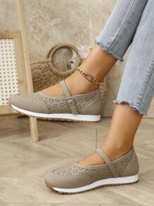 Sandales compensées rétro ajourées pour femmes, chaussures plates légères et respirantes, chaussures de marche confortables pour l'extérieur - Kaki - Voir 2