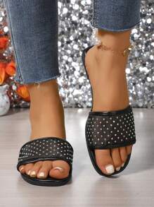 Plus Size Women's Flat French Style Rhinestone Decor Square Toe Slip-On Sandals, Summer - Black - View 7