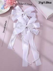 2 piezas/6 piezas Pinzas para el cabello con lazo y perla para niñas - Blanco - Ver 7
