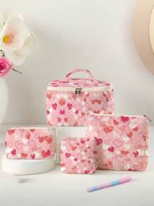 Conjunto de 1 pieza/4 piezas de bolsas de cosméticos con capacidad grande con estampado de corazón romántico, estuche de maquillaje portátil, bolsa de aseo para viajes a la playa, piscina, trajes de baño y almacenamiento de viaje