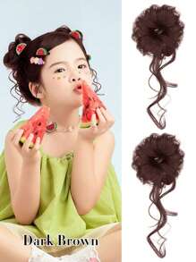 2PCS Kid's Hair Bun Extensions Wig Ring Synthetic Children's Wig Girl Flower Head Hair Artifact Wig Elastic Rubber Band Hair Bun Chignon Kid Children Wig Hair Accessories