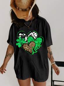 Kurzärmliges Oberteil mit Rundhalsausschnitt in großen Größen, Lässig, alltagstauglich mit Leoparden-Muster, Glücksbringer St. Patrick's Day Damen Grünes Kleeblatt Hemd, Glücksbringer Kurzarm T-Shirt
