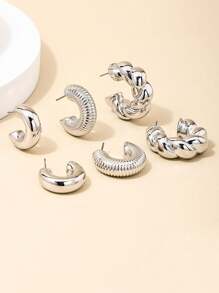 6pcs/Set Chunky Fashionable Metallic-Like Ccb Smooth Gold-Plated C-Shaped Hoop Earrings Set For Women's Daily Casual Wear Jewelry Gift For Mother's Day, Thanksgiving Day, Birthday, Anniversary, Engagement, Christmas Day, Valentine's Day, Thanksgiving, Birthdays, Graduation, Independence Day Or Any Anniversary, Your Wife, Friend,Mom,Mother,Mother's Day,Gift