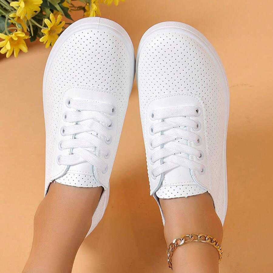Baskets décontractées pour femmes, chaussures minimalistes respirantes et confortables à enfiler - Tout blanc - Voir 1