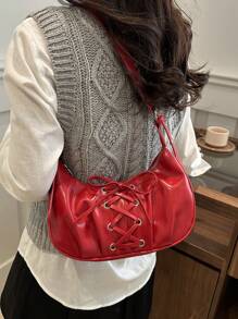 A New Women's Fashion Drawstring Shoulder Bag, Street Simple Pleated Peplum Armpit Bag, Adjustable Shoulder Strap Casual Crescent Bag, Burgundy Bag, Suitable For Young Girls, Shopping, Commuting, Daily Use