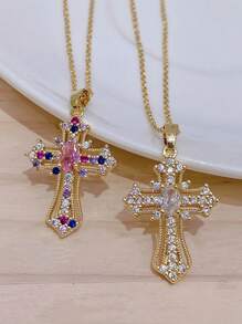 1pc Luxury Creative Crystal Cross Pendant Necklace, Suitable For Women's Daily, Festival And Party Wear