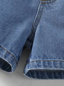 3 件装女童牛仔裤，时尚年轻女孩休闲抽绳腰部褶皱下摆小猫图案蓝色牛仔短裤 - 彩色 - 查看 7