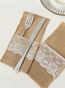 5pcs/15pcs Linen Cutlery Bag, 8.6*4.3in, Beige Coarse Burlap, Lace Silverware Holder, Flax Knife And Fork Cutlery Bag, Suitable For Vintage Country Wedding Party,Christmas