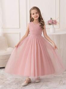 Tween Girl Pink Birthday Party Long Tutu Dress, Bridesmaid Wedding Flower Girl Gown - Hồng - Xem 1