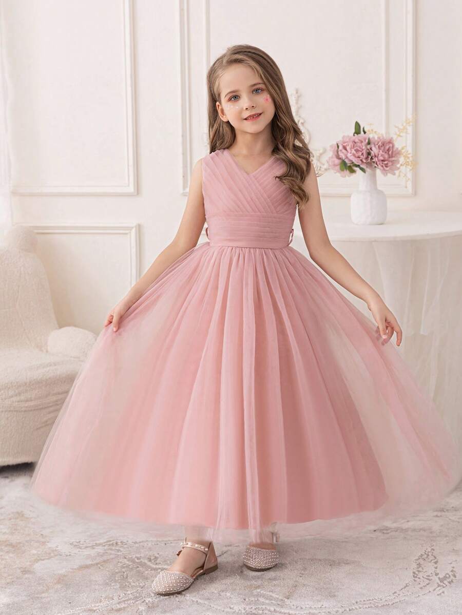 Tween Girl Pink Birthday Party Long Tutu Dress, Bridesmaid Wedding Flower Girl Gown - Hồng - Xem 1