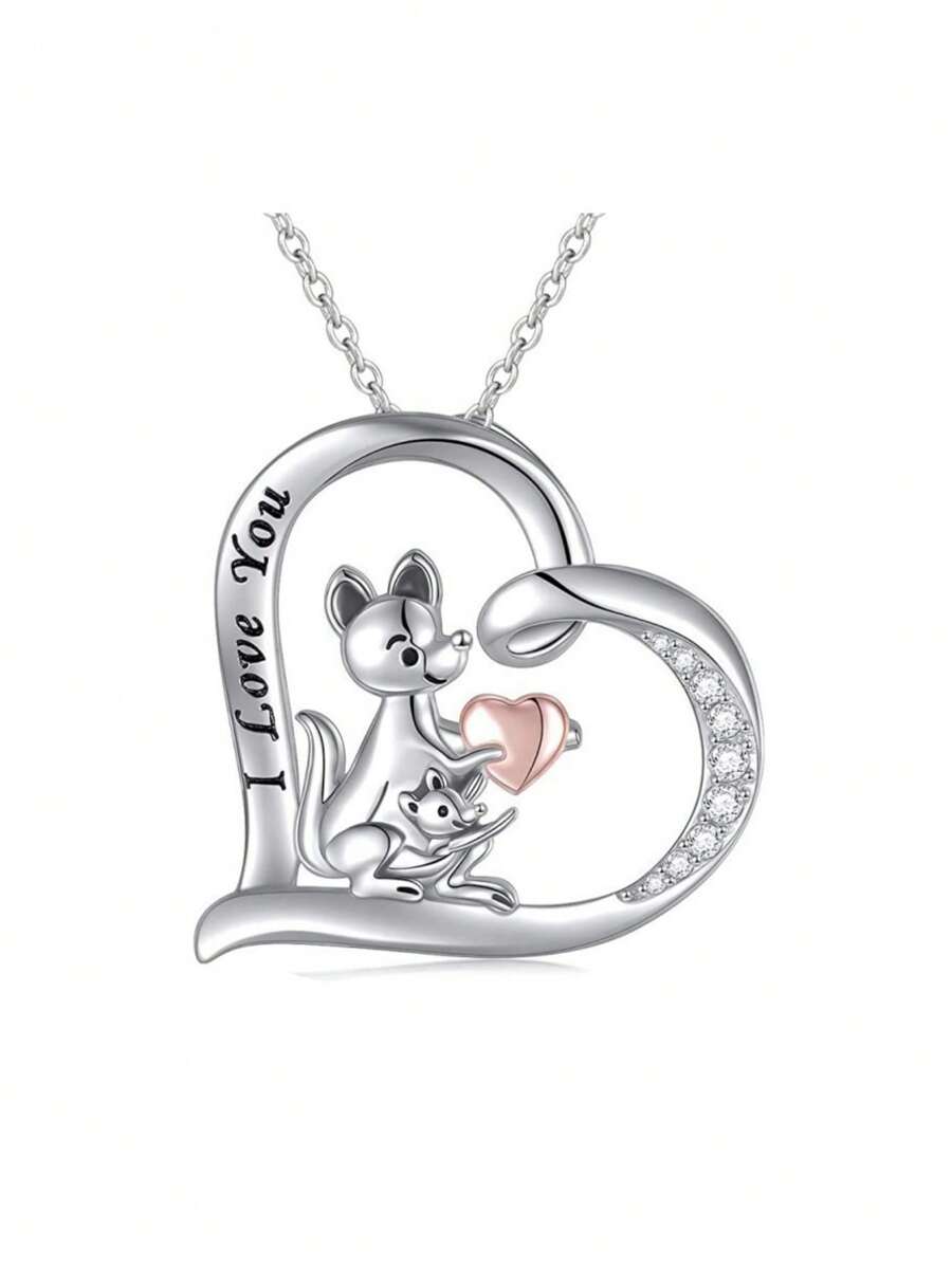 1 件母亲节礼物可爱袋鼠心形水晶雕刻“我爱你”项链女士