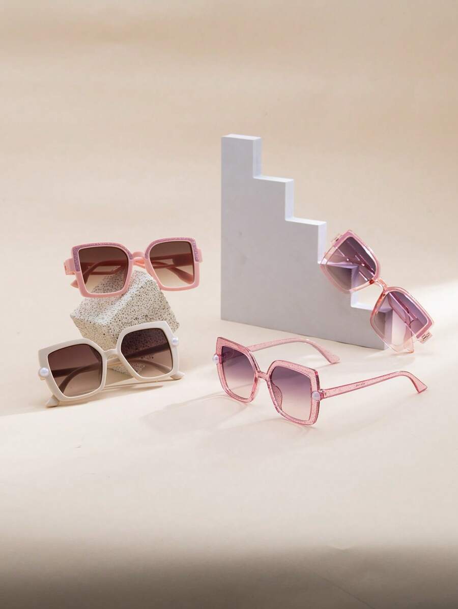 1副/4副 儿童几何方形仿珍珠透明时尚街头风眼镜 - 彩色 - 查看 1